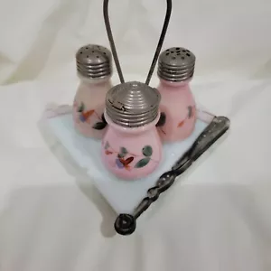 Dithridge Fort Pitt Fan Caster Pink Shaker Set, Antique Salt, Pepper, Mustard - Picture 1 of 15