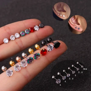 Surgical Steel 18K Gold Cubic Zirconia Stud Earring Small Round CZ Silver Black - Picture 1 of 17