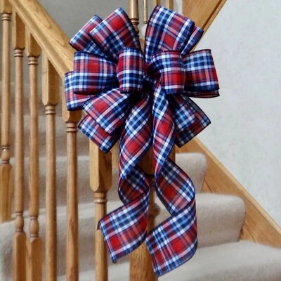 10" WIDE RED WHITE BLUE PATRIOTIC PLAID BOW~4TH OF JULY DECORATION FOR WREATHS - Изображение 1 из 2