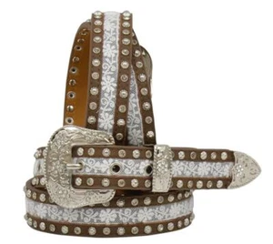 Angel Ranch Western Girls Belt Youth Leather Lace Inlay Crystals Studs Brown - Picture 1 of 2