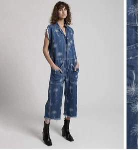 One Teaspoon Womens Size XL Malibu Camp Palm Tree Print Denim Jumpsuit Overalls. - Picture 1 of 5
