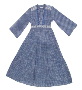 Doen Prem Indigo Blue India Block Print Bell Sleeve Maxi Quilted Dress XS /508 - Picture 1 of 5