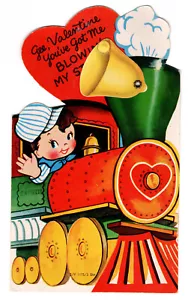 Unused Valentine Boy Train Conductor Mechanical Vtg Greeting Card 1950s 1960s - Picture 1 of 2