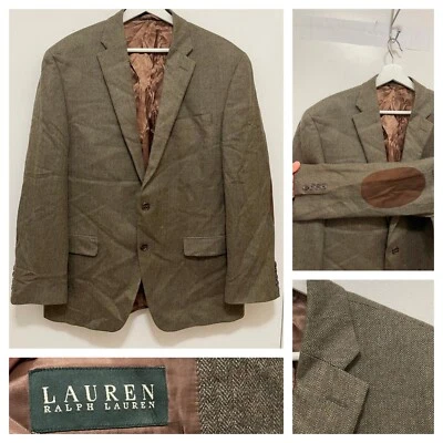 Casaco esportivo vintage Ralph Lauren bege dourado lã cotovelo patch espinha de peixe tweed 42R - Imagem 1 de 4