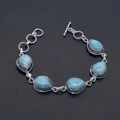 Pulsera Larimar Azul Lágrima Chapada en Plata de Ley 925 Regalo de Cumpleaños 7.5" Foto 1 de 4