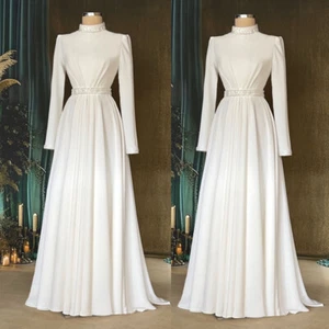 White Ivory Muslim Wedding Dresses Chiffon High Neck Beaded Simple Bridal Gowns - Picture 1 of 12