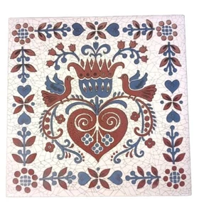 DELFT style Bavarian Folk Art Ceramic Tile Birds Flowers 6.5" Vtg Original Box - Picture 1 of 12