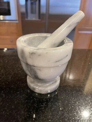 White Light Grey Marble Stone Mortar and Pestle 4”T 4”W Vintage - Image 1 of 4