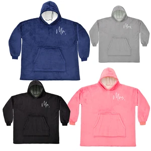 MR and Mrs Embroidered Oversized Hoodie Hooded Blanket Comfy Sherpa Fleece - Picture 1 of 14