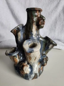 Studio Pottery Multi-Spout Bud Vase Ceramic Organic Art Vessel Blue Green Glaze - Picture 1 of 12