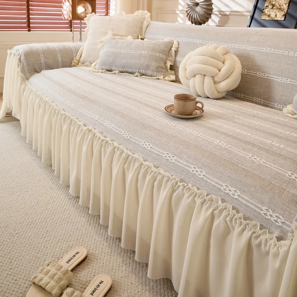 Embroidered Sofa Towel with Lace Edge Ruffle Hem, Linen-Like Fabric Sofa Cover - Image 1 of 4