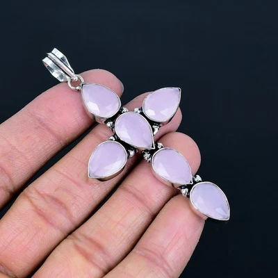 Ciondolo croce argento sterling 925 regalo pietra preziosa calcedonio rosa... - Immagine 1 di 4
