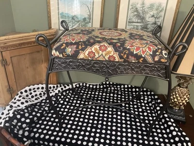 Vintage Cast Iron Bench Vanity Stool Side Seat Upholstered Seat - Image 1 of 4