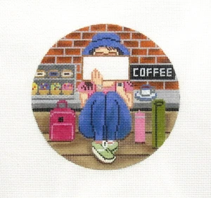 Gayla Elliott Coffee Stitching Girl Ornament Handpainted Needlepoint Canvas - Picture 1 of 1