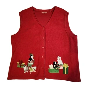 Merry & Bright Kittens Cat Sweater Vest Red Button Up 1 X Christmas Holiday - Picture 1 of 8