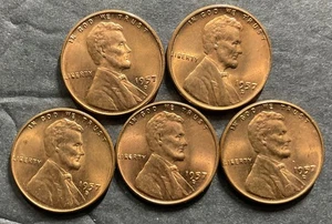 1957D LINCOLN WHEAT CENT ERROR LOT X 5 = FILLED LOWER B = ALL BU UNC - Picture 1 of 11