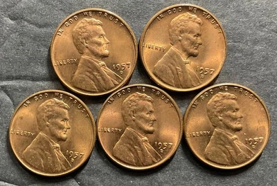1957D LINCOLN WHEAT CENT ERROR LOT X 5 = FILLED LOWER B = ALL BU UNC - Image 1 of 4