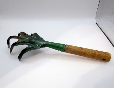 Vintage Green Metal Claw Garden Soil Cultivator with Wood Handle Cover