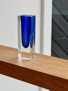 Beautiful Murano Faceted Cobalt Blue & Pale Amber Sommerso Glass Block Vase - Picture 1 of 19