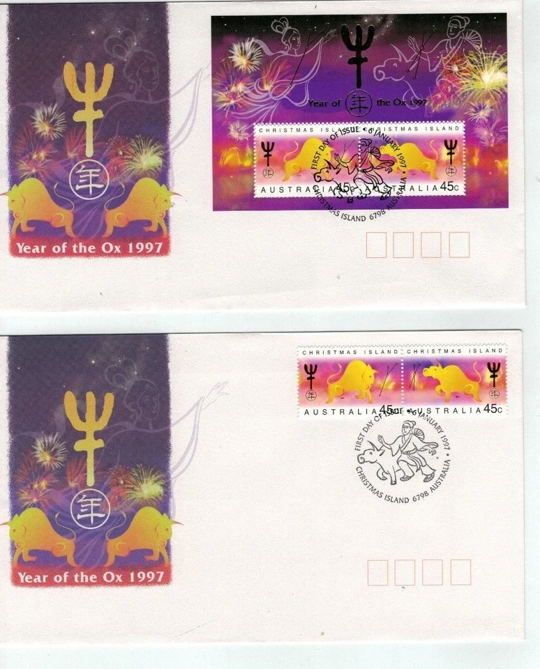 Isla de Navidad 1997 Año del OX 2 FDC's 45c Par y Mini Hoja Foto 1 de 1