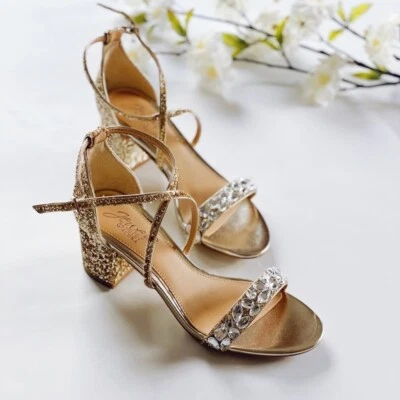 NEW Jewel By Badgley Mischka Women’s Glitter Low Block Gold High Heel Sandal 5.5 - Image 1 of 4