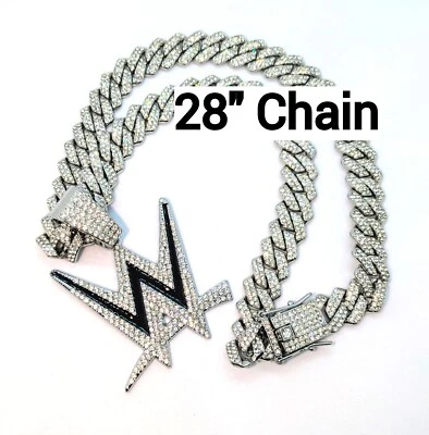 WWE GEM NECKLACE Silver Bling Pro-Wrestling Logo Hip Hop Pendant & 28" Chain