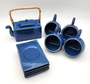 Tea Set Rectangular Teapot 4 Tea Tilting Cups Mugs 4 Saucers Blue Stoneware - Picture 1 of 23