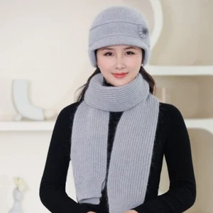 Lady Knitted Hat Scarf Rabbit Fur Bucket Hat Winter Warm Beanies Cap Collar Soft - Picture 1 of 19