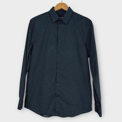 Camisa de vestir ajustada Express 1MX para hombre talla mediana 15-15,5 azul oscuro con estampado de lunares Foto 1 de 4