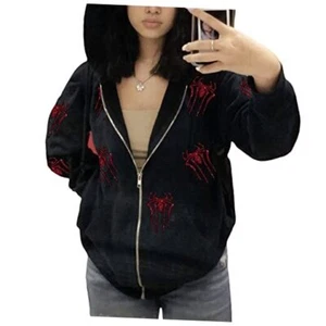 Yuemengxuan Women Y2k Goth Zip Up Hoodie Long Sleeve Harajuku Large Spider - Picture 1 of 7