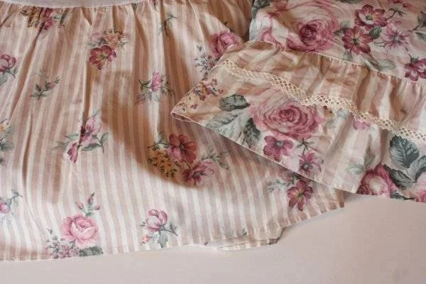 Vintage JC Penny Twin Bed Skirt Taupe Striped Roses 2 Matching Curtain Panels - Image 1 of 1