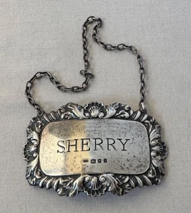 Vintage Sterling Silver SHERRY Decanter Liquor Bottle Tag Made in London;Z566 - Picture 1 of 3