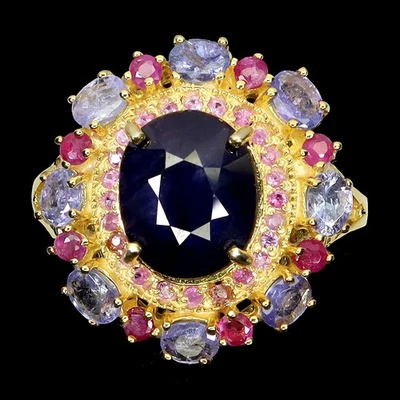 925 Anello Argento Sterling Ovale Zaffiro Blu 11x9mm Rubino Gemma Misura 9 - Immagine 1 di 4