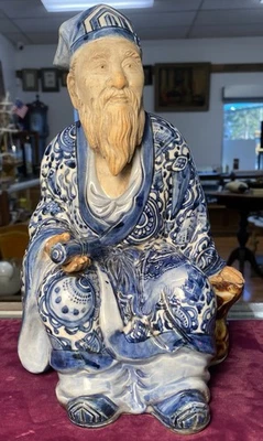 "Antigua figura académica china de porcelana Shiwan 11,5"" pintada a mano azul y blanco" Foto 1 de 4