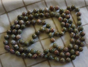 Vintage Unakite Necklace Smooth Round Beaded Knotted Natural Stone 28” - Picture 1 of 1