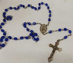 Vintage Rosary Blue Beads Christian 20-inch Silver Tone Steel FREE SHIPPING - Picture 1 of 8
