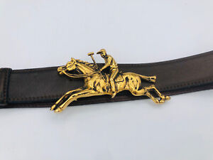 Ralph Lauren Large Brass Polo Horse Match Brown Leather Belt - Made in Italy