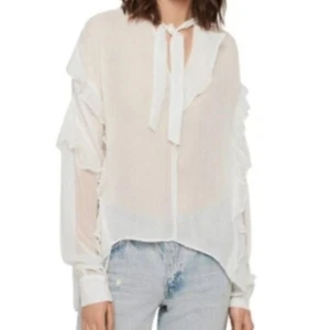 ALL SAINTS Sofia Ruffled Tie Neck Blouse Chalk White Sheer Cupro Women's Medium - Picture 1 of 10