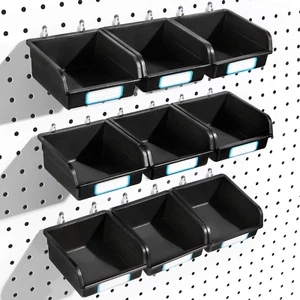 Pegboard Bins with Hooks and Labels, for Organizing Accessories, 10 Packs, Black - Picture 1 of 12