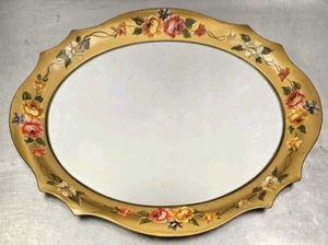 Großes 28 Zoll ovales Blumen Gold Toleware handbemalt Metall Tablett mit Spiegel Vintage - Bild 1 von 9