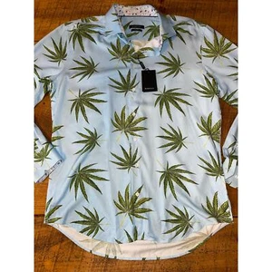 NWT Mens Bugatchi Blue Green Leaf Tropical Print Long Sleeve Button Down Size XL - Picture 1 of 10