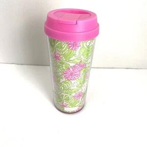 LILLY PULIZTER Pink / Green Plastic Beach Print 16 oz Tumbler and Lid - Picture 1 of 4