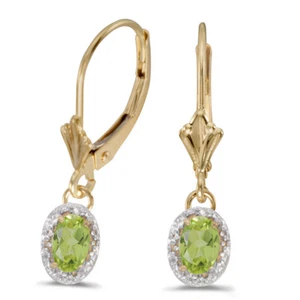 10k Yellow Gold Oval Peridot And Diamond Leverback Earrings - Picture 1 of 3