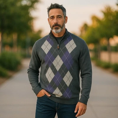 Suéter Harrison Davis Hombre Grande Gris Púrpura Puro 2 Capas Cachemira 1/4 Cremallera Argyle Foto 1 de 4