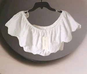 NWT Sim & Sam Off the Shoulder Crop Top Womans sz M White Embroidered Overlay - Picture 1 of 11