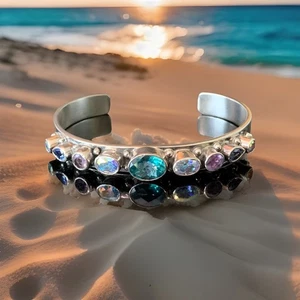 Native American Sharon Sandoval Multi Stone Sterling Silver Cuff Bracelet VTG. - Picture 1 of 9