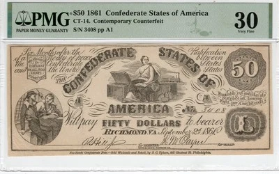 CT-14 75D 1861 $50 Contemporary Counterfeit CSA Paper Money - PMG VF 30 - Upham - Image 1 of 3