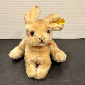 Vintage Steiff Hase Rabbit Plush 5" – Mohair w/ Button & Tag, Pink Ribbon German - Picture 1 of 10