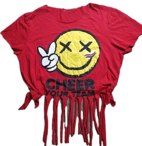 Cheer Ur Team Tshirt bright red fringed tee shirt, hippiecore, L  - Picture 1 of 5
