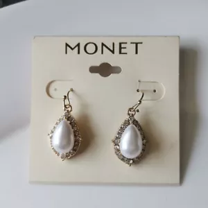 New Monet Faux Pearl Floral Drop Earrings Gift Fashion Women Party Show Jewelry - Picture 1 of 3